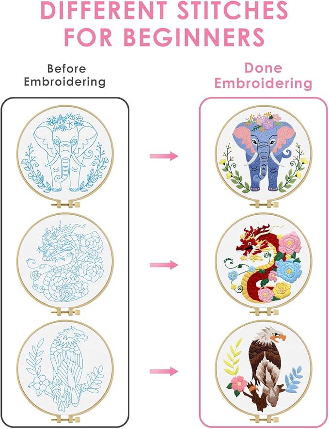 TINDTOP Embroidery Kit for Beginners Adult, Elephant Embroidery Kit for Beginners Include Embroidery Cloth Hoops Threads for Craft Lover Hand Stitch with Embroidery Skill Techniques