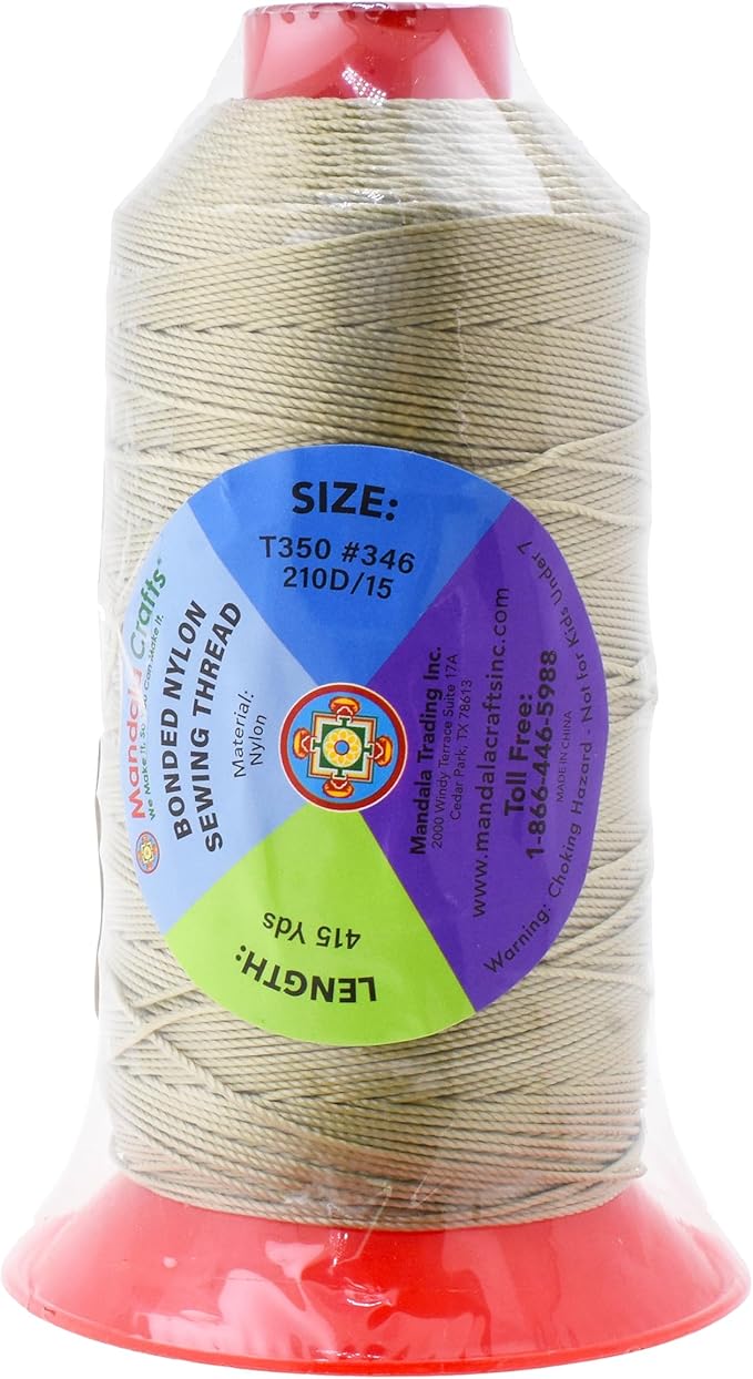 Mandala Crafts Size 346 210D T350 Bonded Nylon Thread - Beige 415 YDs Tex 350 Heavy Duty Sewing Threads for Leather, Jeans, Weaving, Outdoor Marine Upholstery