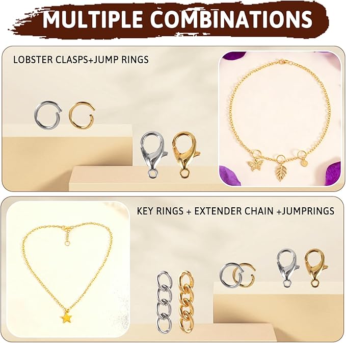 KIAFUM 1000-Piece Keychain Making Kit - Gold and Silver Lobster Claw Clasps, Key Rings, Jump Rings, Charms & Chains for DIY Craft Supplies, Jewelry Making, Bag Charms, and Lip Gloss Lanyards