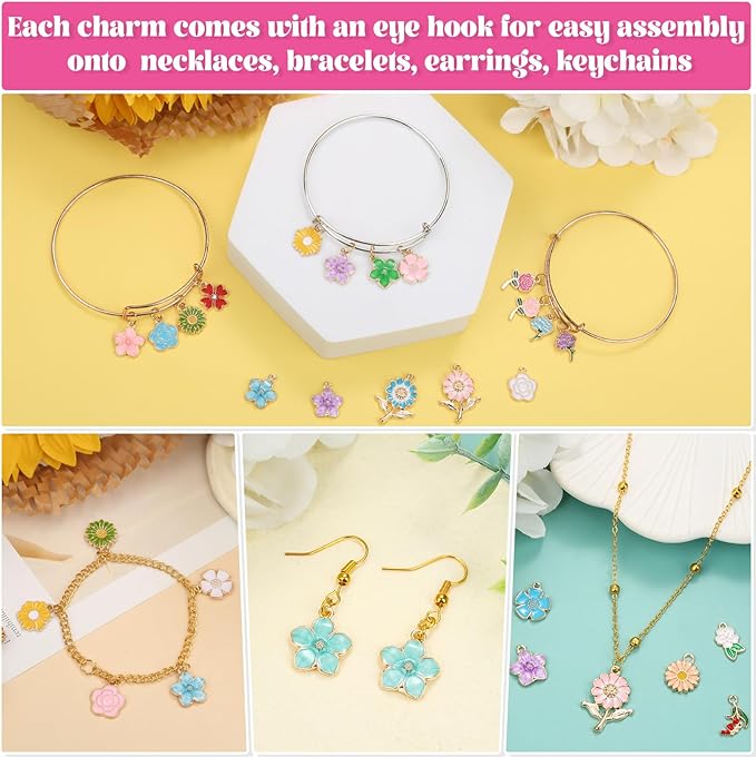 Mckanti 150Pcs 75 Pairs Spring Flower Charms for Jewelry Making and Bracelets, Wholesale Floral Assorted Enamel Mixed Bulk Metal Charms for DIY Necklace Bracelet Earring Jewelry Making and Crafting