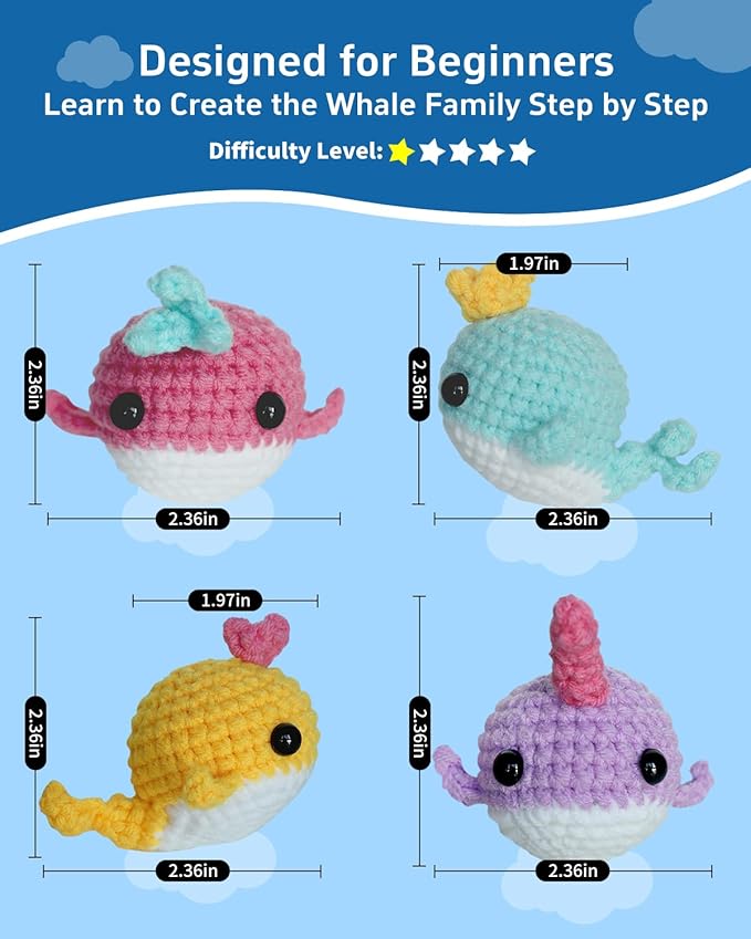 Fortilo Crochet Kit for Beginners 4PCS Colored Whale Crochet Animals with Step-by-Step Video Tutorials 30% Extra Yarn, Perfect for Gifts, Emotional Support, Ideal Knitting Kit for Adults, Kids