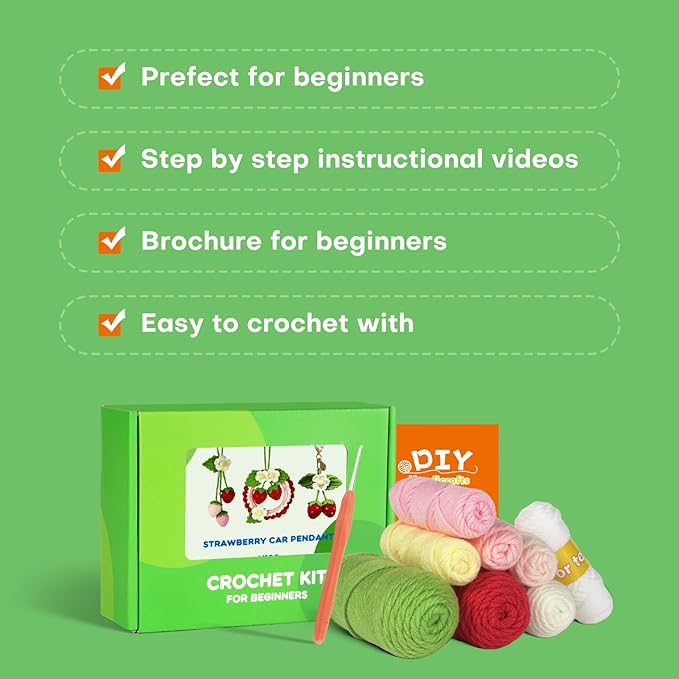 Crochet Kit for Beginners,Crochet Strawberry Ornaments,Plant Hanging Decorations with Step-by-Step Video Tutorials, 3 Pack Strawberry Decor