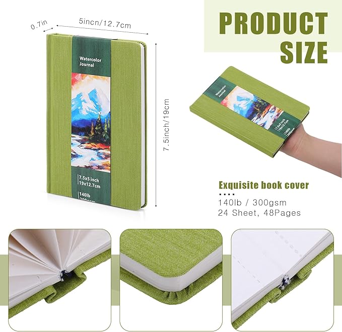 Dispowreath Watercolor Sketchbook Journal Square Watercolor Notebook Cold Press 140lb 300gsm Cotton Paper 48 Pages Journals Notebook Paper Pads(7.5x5 in,Green)