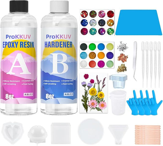 Epoxy Resin Kit, Crystal Clear Resin Epoxy, Bubble Free, No Yellowing, UV Resistant, Food Safe with Foil Flakes, Sequin, Easy Mix 1:1 for DIY Crafts Resin Jewelry Making (15.99 OZ Kits)