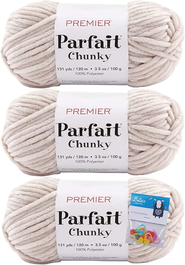 Premier Yarns Parfait Chunky Chenille Yarn 3.5 Oz 6 Super Bulky Weight 3 Pack Bundle with Bella's Stitch Place Holders (Mushroom)