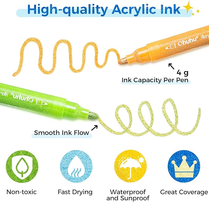 Ohuhu Acrylic Glitter Markers, 24 Metallic Glitter Colors, Fine Tip Paint Pens for Fine Details & Shimmer Accents, Water-Based & Quick Dry, for DIY Crafts, Cards, Journals, Wood & Rock, Medium Tip 3mm