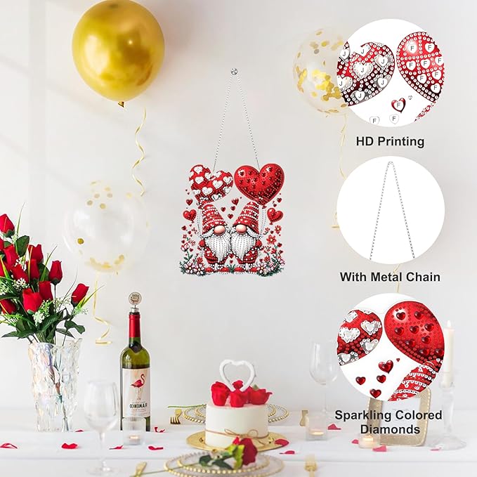 Valentine's Day Diamond Art Hanging Ornaments Kits for Adults, Gnome Diamond Painting Pendant Kits, DIY Acrylic 5D Special Shaped Crystal Gem Art Painting Ornament for Home Wall Decor Gift 8x8 Inch