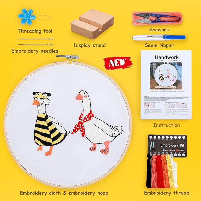 Embroidery Kit for Adult Beginners, Bee Goose Embroidery Kit with Step-by-Step Instructions and Video,Printed Cloth,7.87" Hoop, Display Stand,Color Threads,Threader & Needles for Craft Lover(BED003)