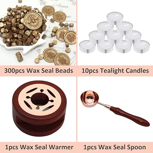 Wax Seal Beads Kit - 300pcs Antique Gold Sealing Wax Beads with Wood Melting Warmer, Spoon & 10 Mini Candles for Stamp Seals, Wedding Invitation, Envelope, Cards, Gift Wrapping Decorations