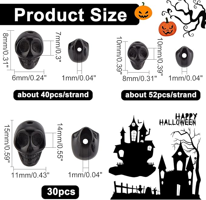 arricraft 120 Pcs 3 Sizes Black Skull Beads, Synthetic Turquoise Skull Shape Stone Loose Beads for Jewelry Making