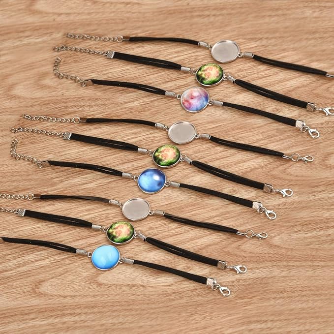 DROLE 40Pcs 25mm Adjustable Bracelet Blanks Kit-20Pcs Leather Bracelet Chain Blanks and 20Pcs 25mm Clear Glass Cabochons for Jewelry Making Black Chain White K Cabochon Trays Black-Silver Base