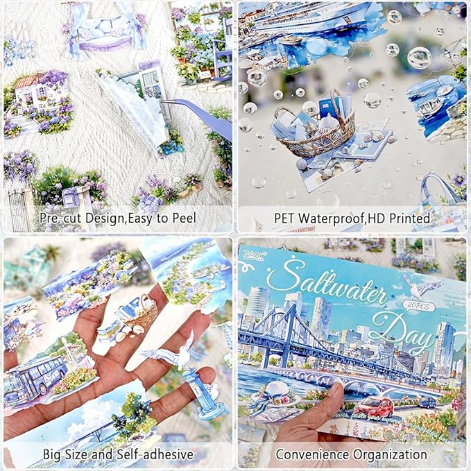 Transparent PET Summer Landscape Sticker Book for Journaling, 20 Sheets Large Pre-Cut Scenery Stickers for Scrapbooking Supplies, Collage Decorative, 9.25 x 6.58 inches