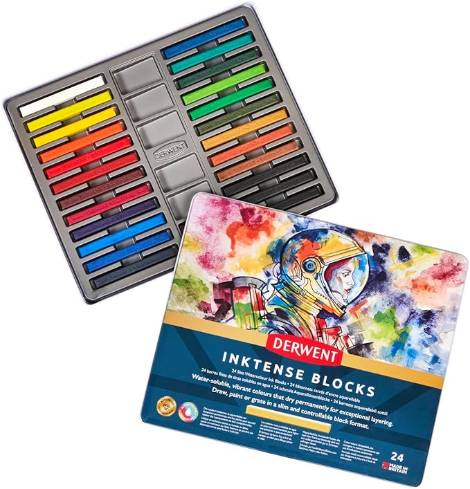 Derwent Inktense Blocks 24 Tin, Set of 24, 8mm Block, Soft Texture, Watersoluble, Ideal for Watercolor, Drawing, Coloring, Crafts and Painting on Paper and Fabric, Professional Quality (2300443)