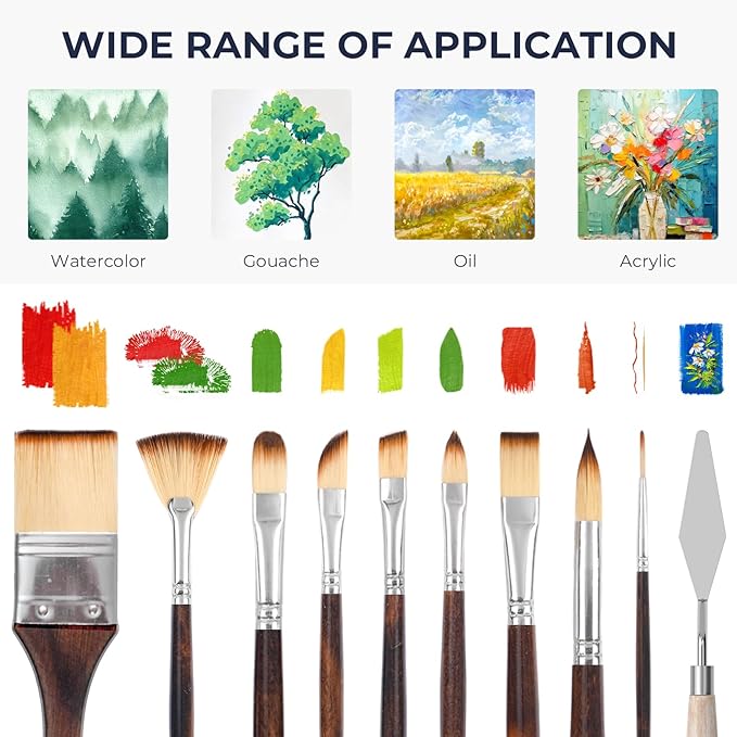 Nicpro 30pcs Paint Brush Set, Professional Paintbrushes with Paint Spatula and Cloth Roll, Craft Paint Brushes for Acrylic Painting, Oil, Watercolor, Gouache, Art Supplies for Artists and Beginners
