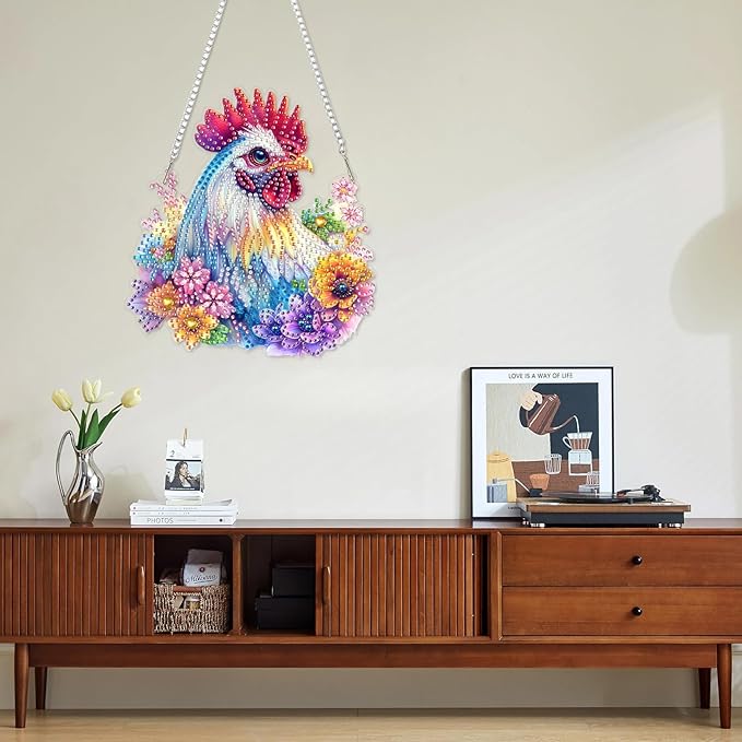 DOMROM Rooster Diamond Art Hanging Pendant, 5D Special Shaped Crystal Diamond Art Window Pendant Ornament Double Sided Pattern Wall Hanging Sign for Beginners DIY Crafts Decor
