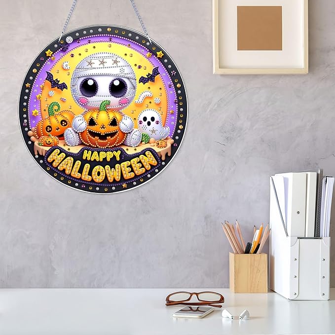 VODAPYC Halloween Ghost Diamond Art Hanging Kit for Adults, DIY Double Sided Special Shaped Diamonds Art Window Pendant Ornament for Home Decor(Happp Halloween)
