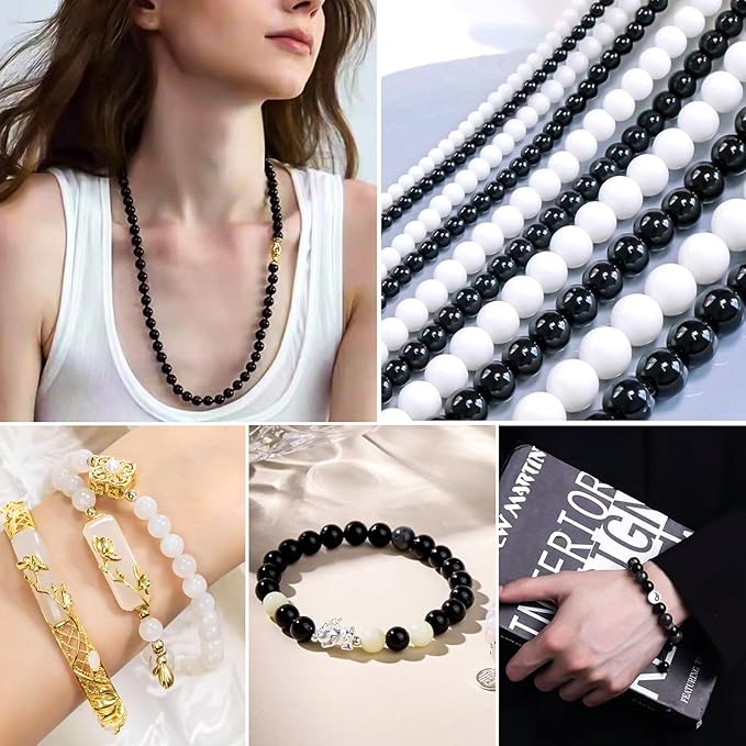 1600PCS+ Black Glass Beads for Jewelry Making, 8mm White Crackle Lampwork Glass Bead Polymer Clay Beads Round Spacer Crystal Beads for Friendship Bracelet Necklace Earring (White+Black+Grey)