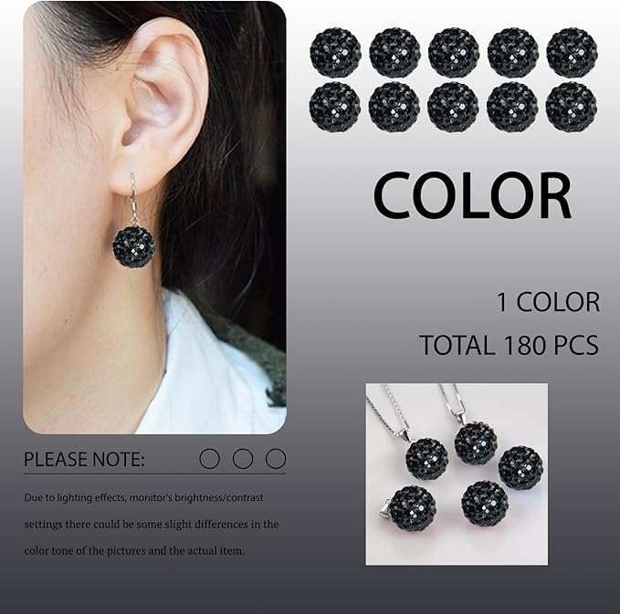 180 pcs Black Rhinestone Beads for Jewelry Making-10mm Round Disco Ball Beads Crystal Baseball Bead Bling Bead for Necklace Bracelet,DIY Craft Supplies,Earring Jewelry Making