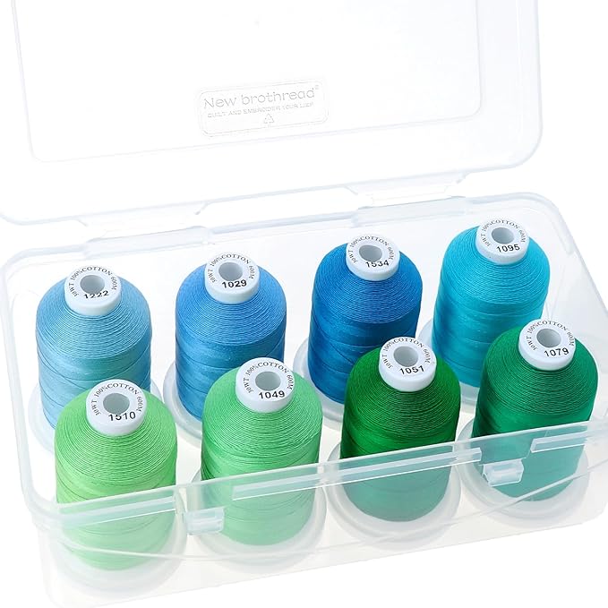 New brothread - 18 Options - Multi-Purpose 100% Mercerized Cotton Thread 50S/3 600M Each Spool for Quilting, Serger, Sewing and Embroidery - 8xParadise(Greens+Blues) with Clear Plastic Storage Box