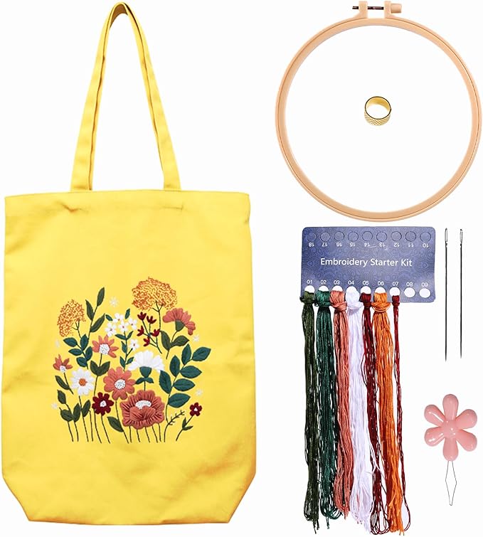 CREAWONDER Canvas Tote Bag Embroidery Kit with Pattern for Beginners, Arts and DIY Embroidery Crafts Kits for Adults, Include Instructions, Thimble, Embroidery Hoops, Color Threads and Tool