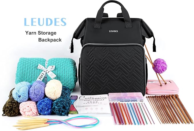 Leudes Knitting Bag Backpack,Yarn Storage Organizer Large Crochet Bag Tote Christmas Gift Yarn Holder Case for Carrying Projects,Knitting Needles (Black)