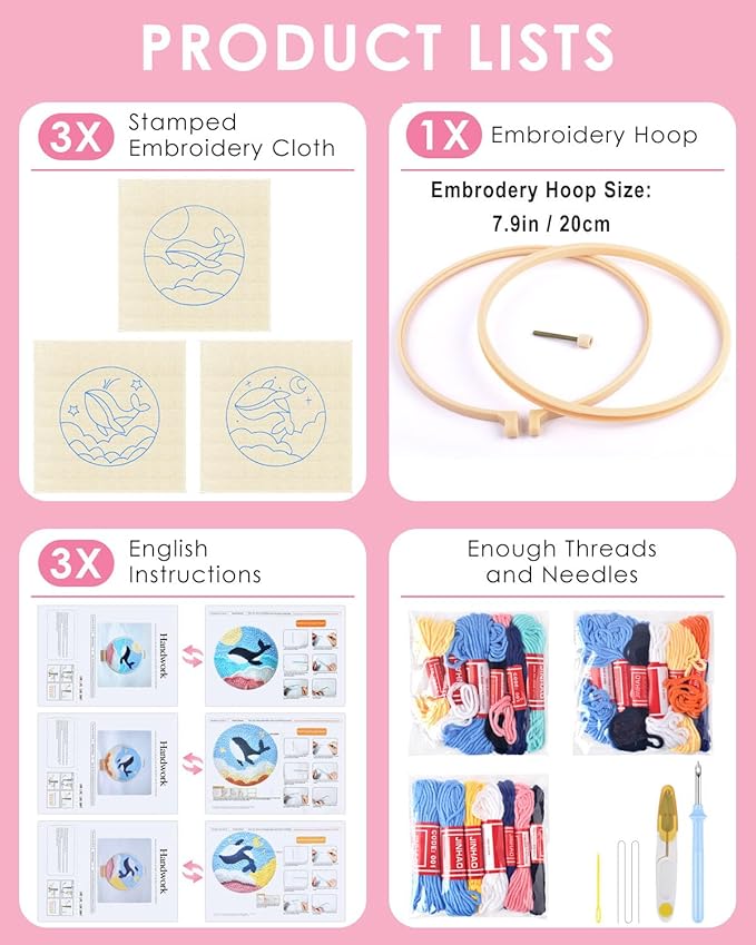 TINDTOP Punch Needle Kits, 3 Pack Punch Needle Embroidery Kits for Adults Beginner, Tool with Punch Needle Fabric, Hoops, Yarns and Sewing Needles (Whale)