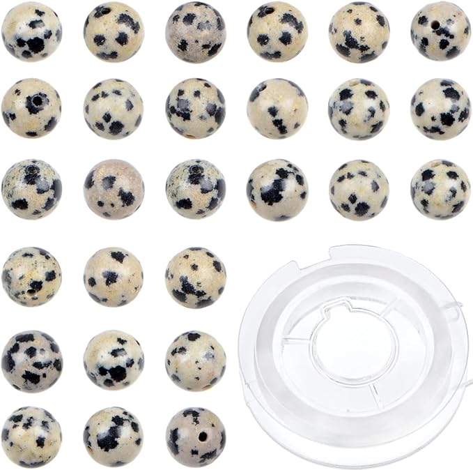 bymitel 210pcs natural crystal beads stone gemstone round energy healing loose beads with stretch cord for jewelry making bracelets anklets (dalmation jasper, 6mm 210pcs)