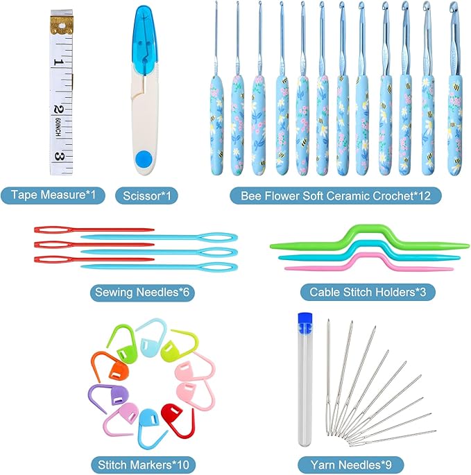 Looen Crochet Hooks Set, 12 Sizes 2.0mm(B)-8.0mm(N) Ergonomic Handle for Arthritic Hands, Soft Rubber Grip Knitting Needles Kit for Crochet Beginners, Knitting Enthusiasts (Sky Blue)