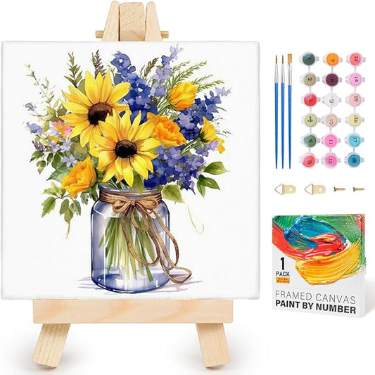 Yezavesu Flower Framed Paint by Numbers Kit for Adults Beginner & Kids Ages 8-12, Flowers Paint by Number Without Easel, DIY Adult Paint by Numbers Sunflower for Home Wall Decor Gift 10x 10 inch