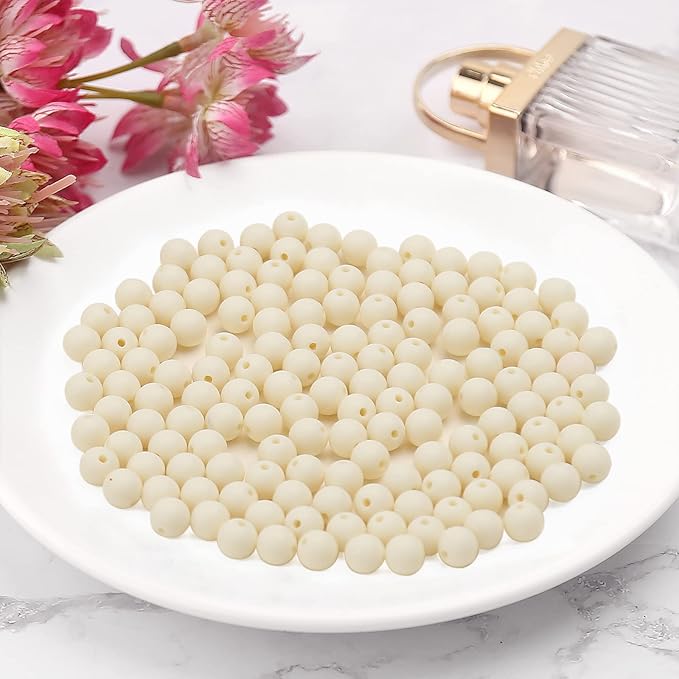 bonny boxx 200pcs 10mm matte beige acrylic round beads, frosted plastic resin bubblegum balls chunky gumball beads for necklace and bracelet making, crafting supplies