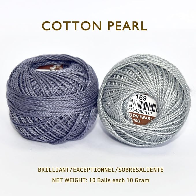 Double Mercerized Egyptian Long Staple Cotton Pearl Thread Ball 10 Grams Rainbow Color Embroidery Thread 10 Colors per Box for Crochet Hardanger Cross Stitch Hand Embroidery,Grey Series