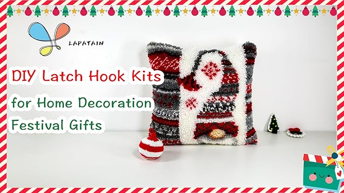 LAPATAIN Latch Hook Kits for DIY Throw Pillow Cover,Needlework Cushion Cover Hand Craft Crochet for Great Family 17X17inch Christmas Hat