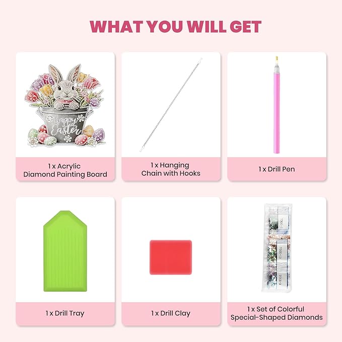MXJSUA Diamond Art Hanging Kits for Adults Beginners, DIY Acrylic 5D Special Shaped Crystal Diamond Gem Art Painting Hanging Ornament for Home Wall Decor and Gift (Tulips Easter Bunny)