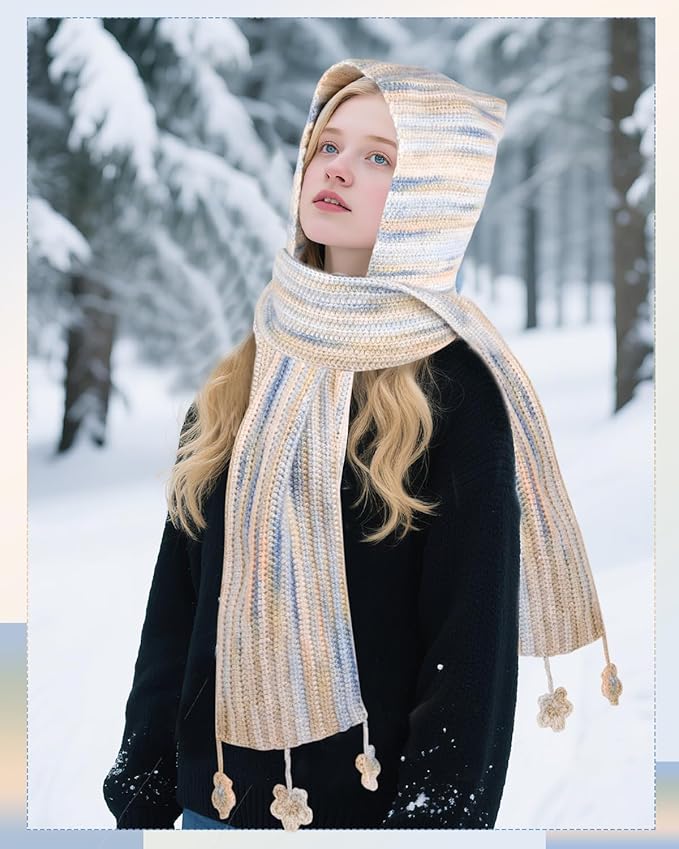 Coopay Crochet Kit for Beginners, Crochet Kits for Adults - 4 Basic Stitches to Complete Hooded Scarf, Perfect for Crocheting Hooded Scarf with Step-by-Step Instructions & 5 Yarns (Cloud Sea)