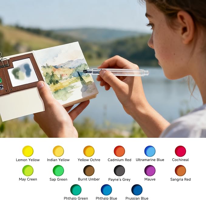 Mini Watercolor Travel Set for Beginners 24 Color Portable Watercolor Paint Set with Walnut Wood Palette Water Brush & Sketchbook Compact Travel Art Supplies for Artists beginner & Painters