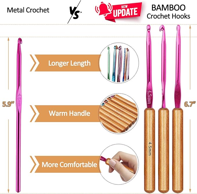 Coopay Bamboo Crochet Hooks Comfort Grip, 6.7" Crochet Kit Longer Aluminum Shaft Crochet Needles for Crocheting, Ergonomic Knitting Hooks Set for Crochet Yarn Craft, Premium Knitting Crochet Supplies