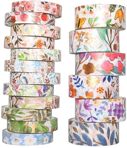 YUBX 18 Rolls Floral Gold Washi Tape Set VSCO Foil Masking Decorative for Arts, DIY Crafts, Journal Supplies, Planners, Scrapbook, Card/Gift Wrapping 8/15mm Wide (Flowers)