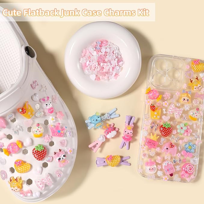 Junk Case Charms Kit, Junk Phone Case Charm, Flatback Cartoon Animal Lollipop Candy Strawberry Flower Cute Slime Charms for DIY Crafts, Scrapbooking, Jewelry Making-S5