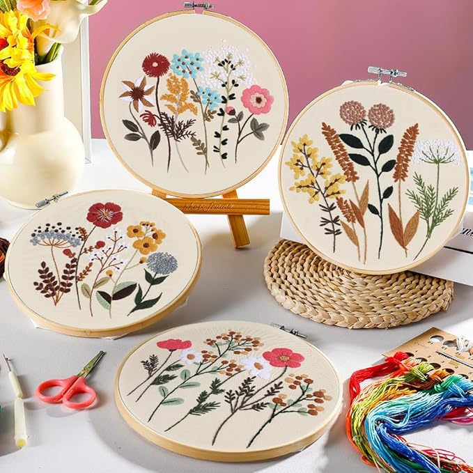 wtisan embroidery kit, 4 sets embroidery kit for beginners with stamped flower pattern, cross stitch starter kits for adults hand craft lover with embroidery hoop, instructions and threads