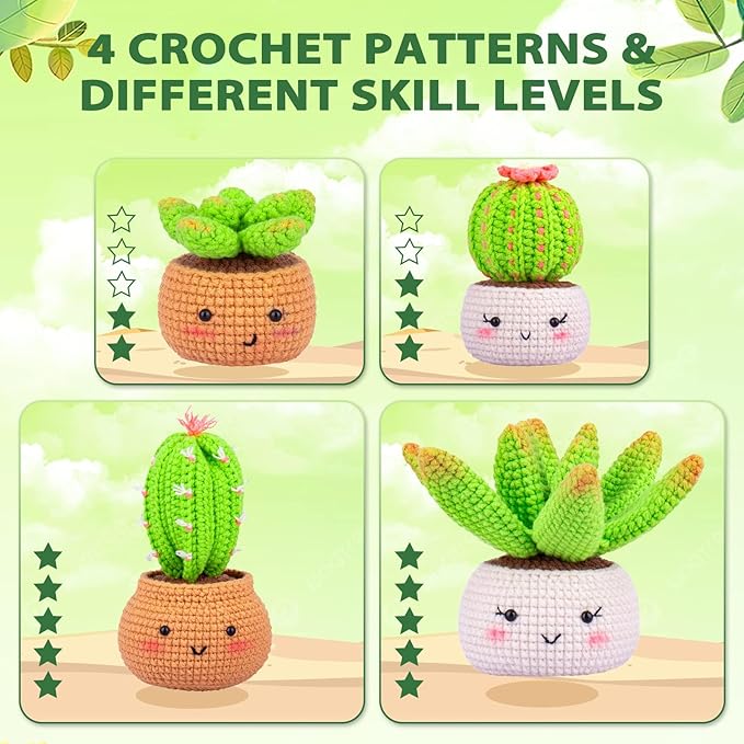 Crochetta Crochet Kit for Beginners - Crochet Starter Kit with Step-by-Step Video Tutorials, Learn to Crochet Kits for Adults and Kids, DIY Knitting Supplies, 4 Pack Plants Family(40%+ Yarn)