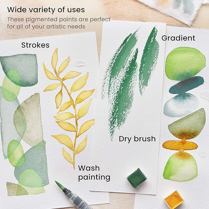 ARTEZA Watercolor Paint Set, 12 Earth Tone Half Pans, Portable Travel Watercolor Set with Refillable Water Brush and Metal Tin for Landscapes, Nature Studies, and Outdoor Painting
