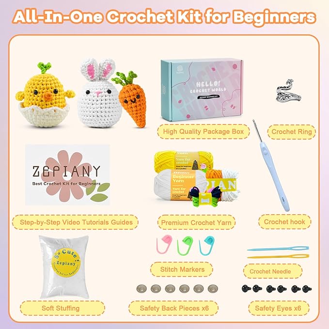 Zepiany Crochet Kit for Beginners, Bunny Egg-Chick Amigurumi Knitting Kit with Crochet Yarn, Easy Crocheting Kit for Beginner Starter Adults with Step-by-Step Video for Easter Women's Day Gift