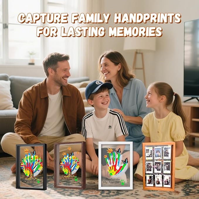 brown family handprint kit for 5 – wooden frame with 5 clear acrylic boards, diy handprint keepsake for baby, pet, mom, grandparents, hand mold art set with non-toxic washable paint (brown)