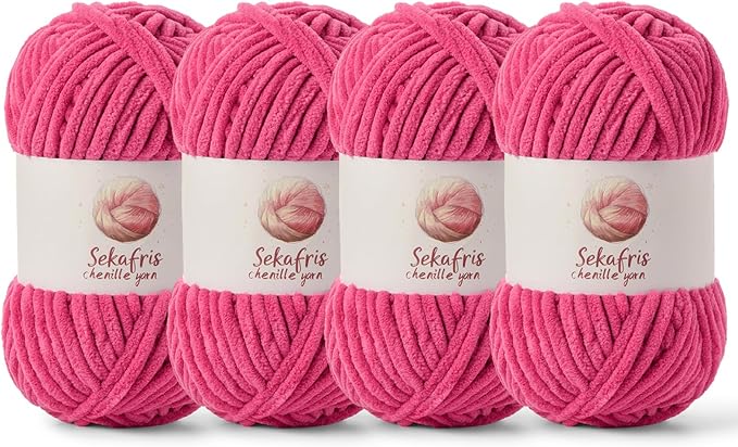 4 Pack Chunky Chenille Yarn for Crocheting, Baby Yarn for Crocheting Soft Blanket, 349.9 yds /14.1 oz Crochet Yarn, Bulky 5 Amigurumi Yarns, Fluffy Velvet Yarns for Knitting Crafts (4 Rose)