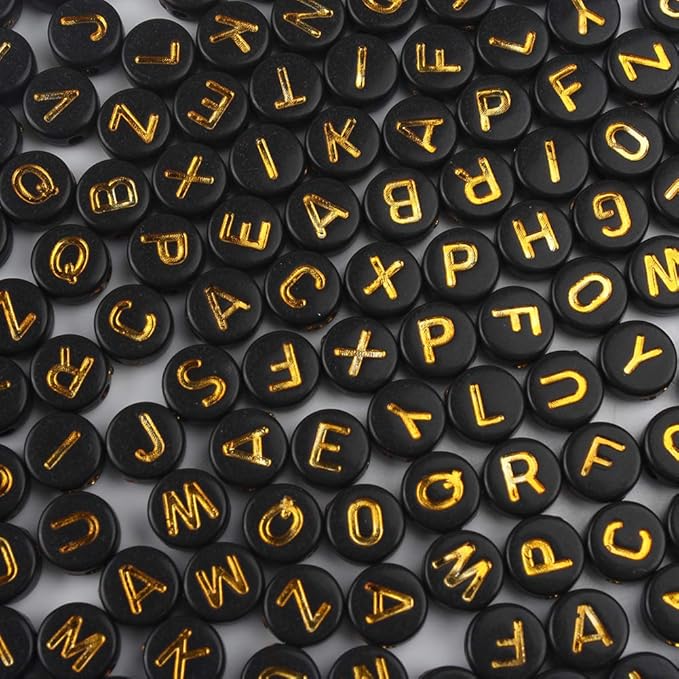 Song Xi 1200pcs Black Letter Beads for Bracelets Round Acrylic Black and Gold Alphabet Beads 4x7mm for Jewelry Making