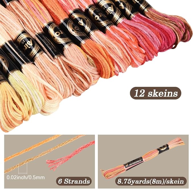 12 Skeins 105 Yards Cross Stitch Floss Colorful Embroidery Thread 6 Ply Variegated Friendship String Polyester Threads Bulk for Sewing Making Bracelets Clothes Stitching Decor Craft DIY