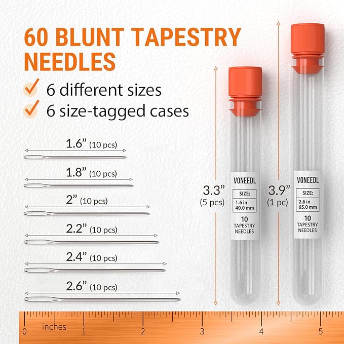 VONEEDL Large Eye Blunt Tapestry Needles (Pack of 60) - 6 Sizes with 6 Storage Tubes - Perfect for Darning, Embroidery, Cross-Stitching, Needlepoint, Crafting, Knitting, Weaving, and DIY