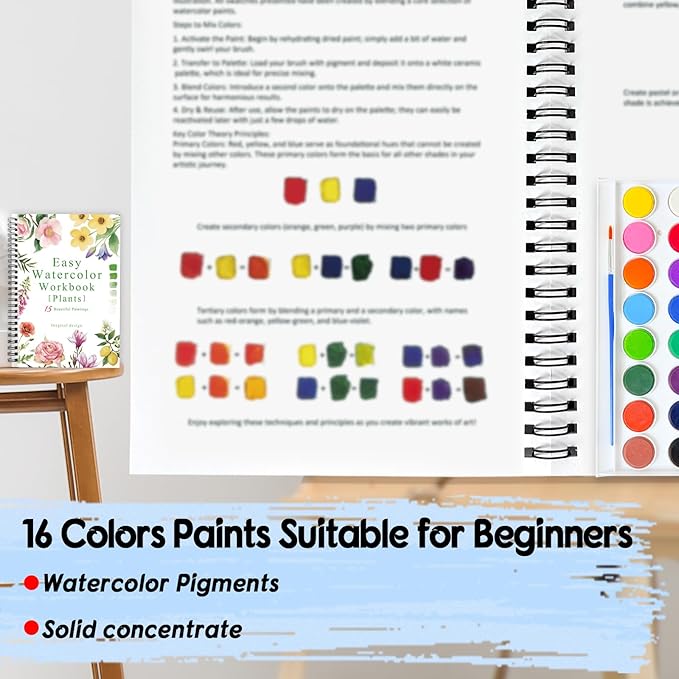 SLWBZ Watercolor Workbook Flower Plants, 15 Different Patterns of Original DIY Designs, 16 Color Watercolor Paint Plates with Palette and Brush, Beginner-Friendly Watercolor Workbooks, Plants
