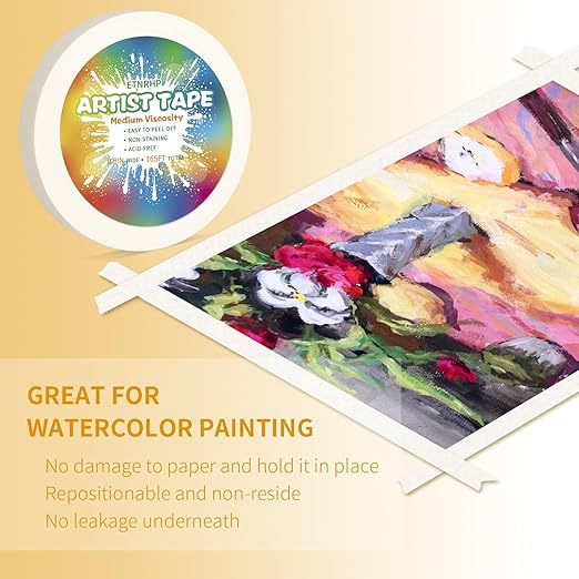 White Art Tape Medium Tack Artist Masking Tape Paper Acid Free Tape Watercolor Painters Tape Artists Tape for Drafting Art Watercolor Painting Canvas Framing, 0.8 inch Wide 165FT Long