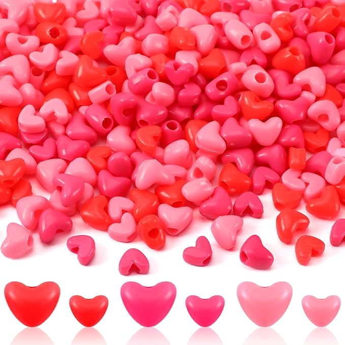 UPINS 1200Pcs Valentine's Day Pink Red Heart Plastic Pony Beads for Jewelry Making Valentine's Party Decoration Necklace Bracelets Earrings Hair Beads DIY Crafts Supplies (600 Large and 600 Medium)